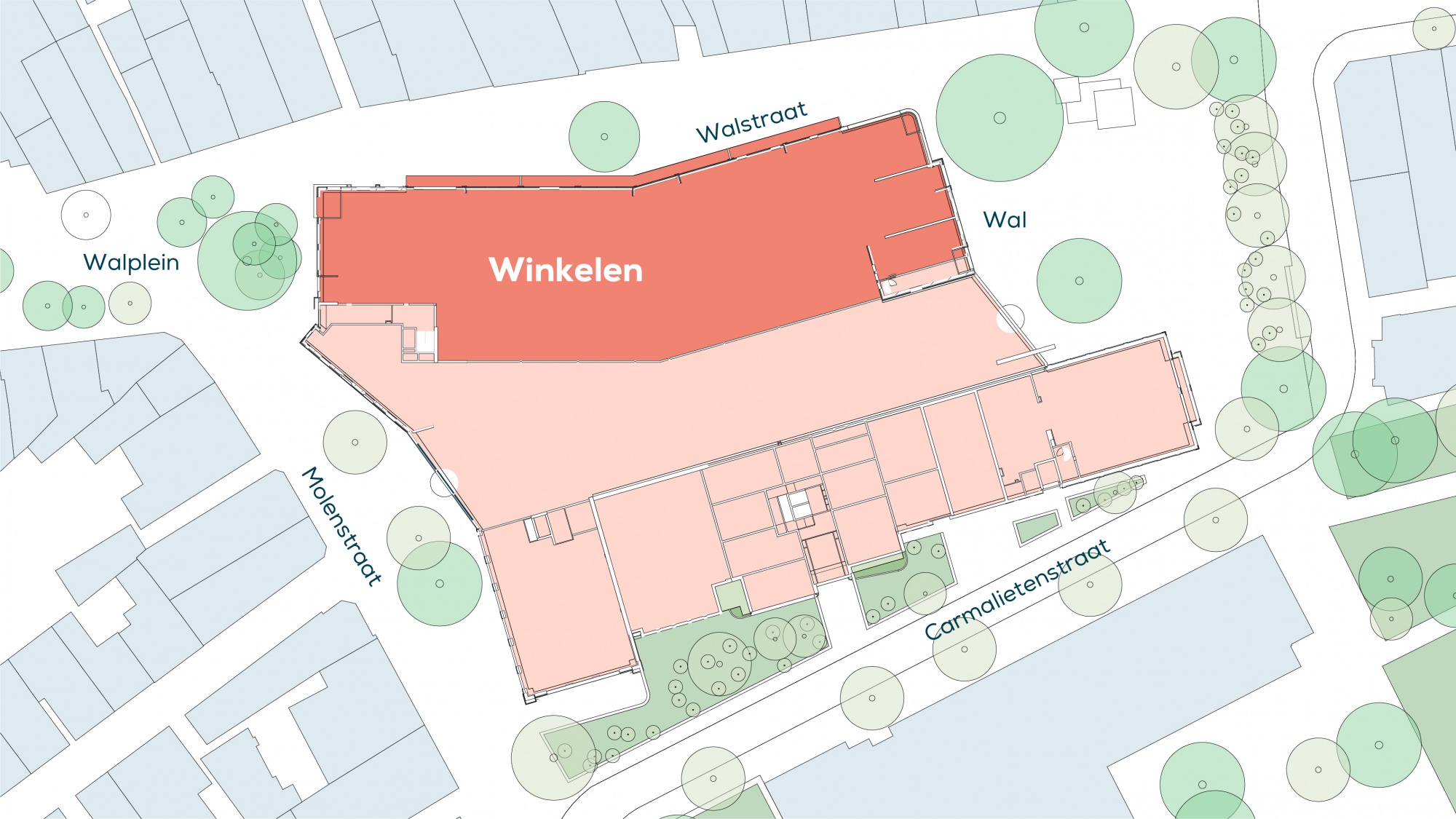 Hier is een plattegrond afgebeeld waarop aangegeven wordt waar de retail zich uiteindelijk in het pand zal bevinden. 