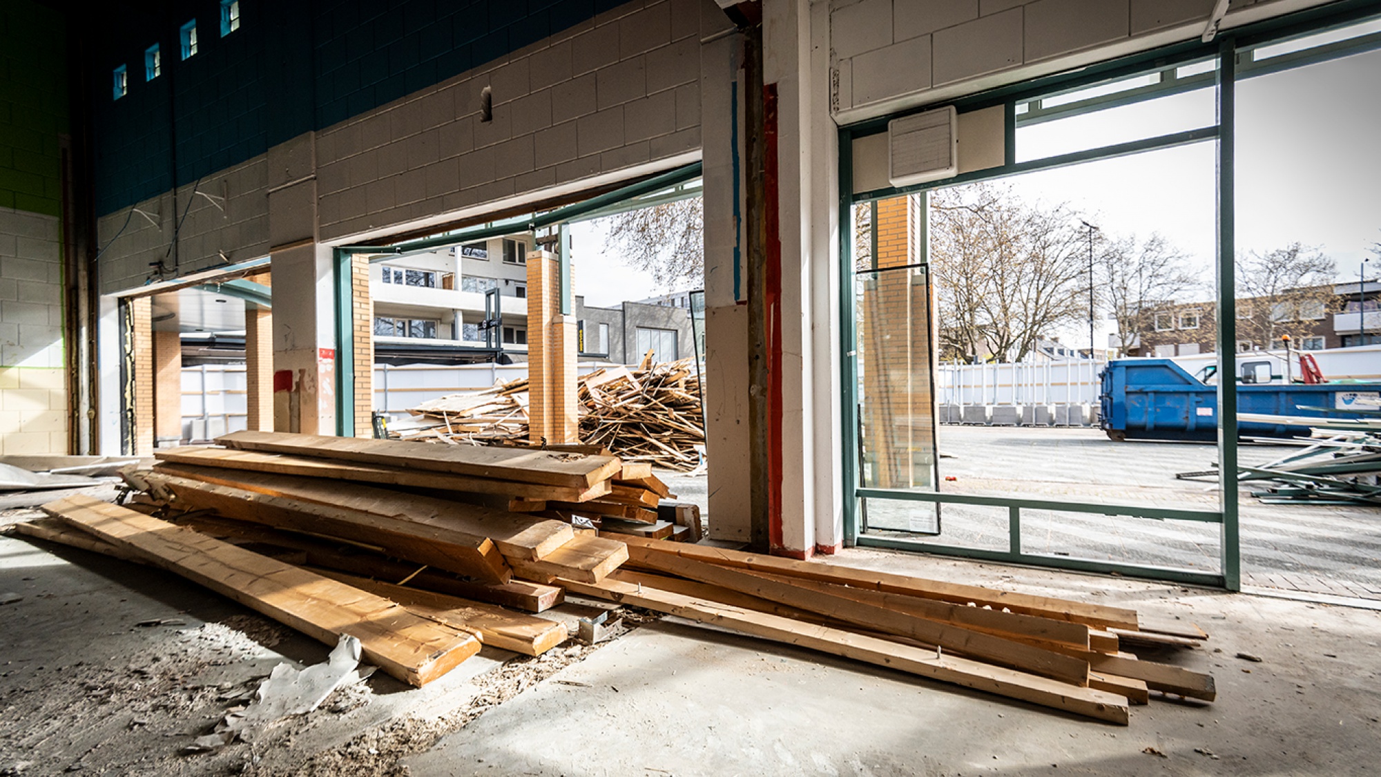 Foto van heel veel hout en een container 